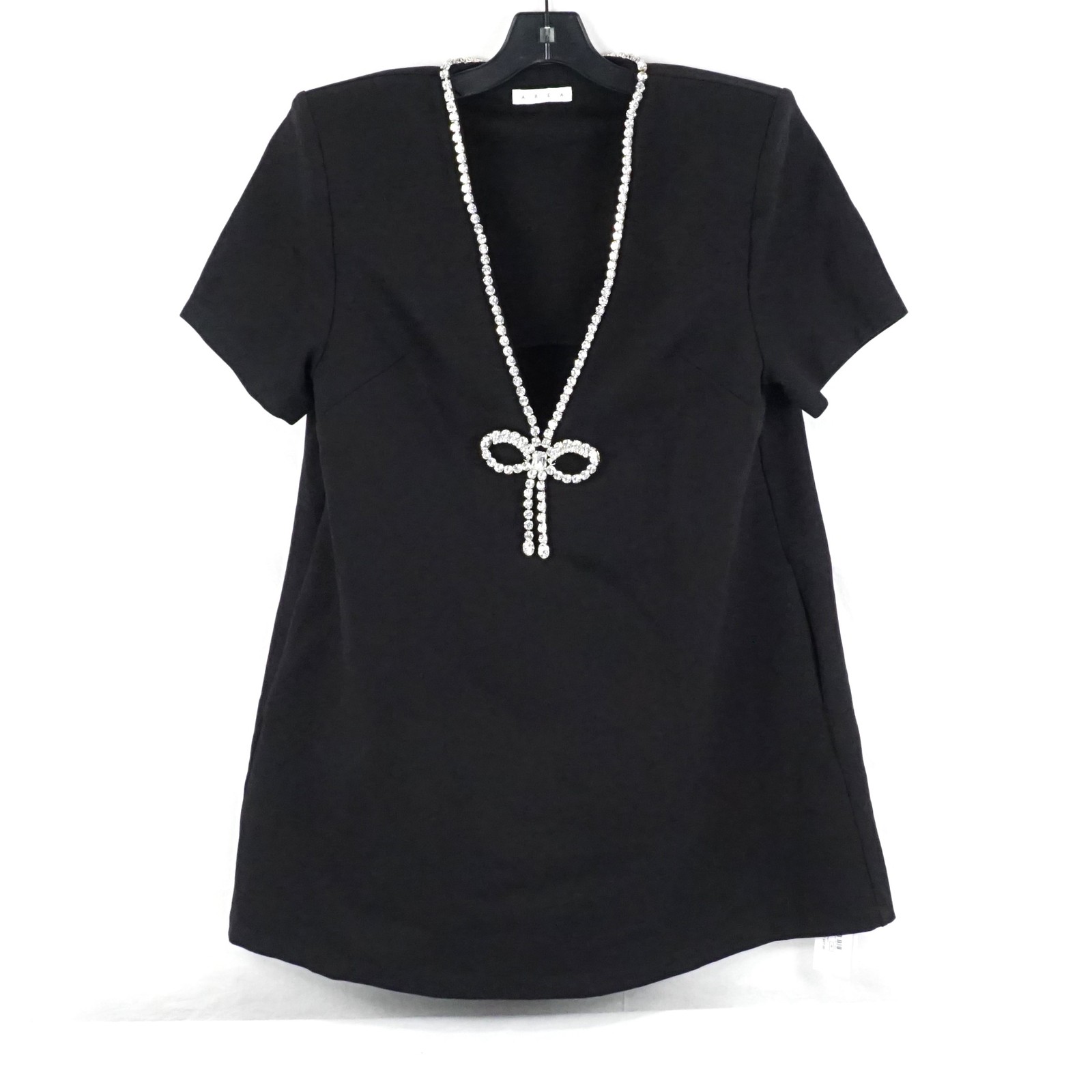 AREA Crystal Bow V-Neck T-Shirt Mini Dress In Black – Women’s Size Medium