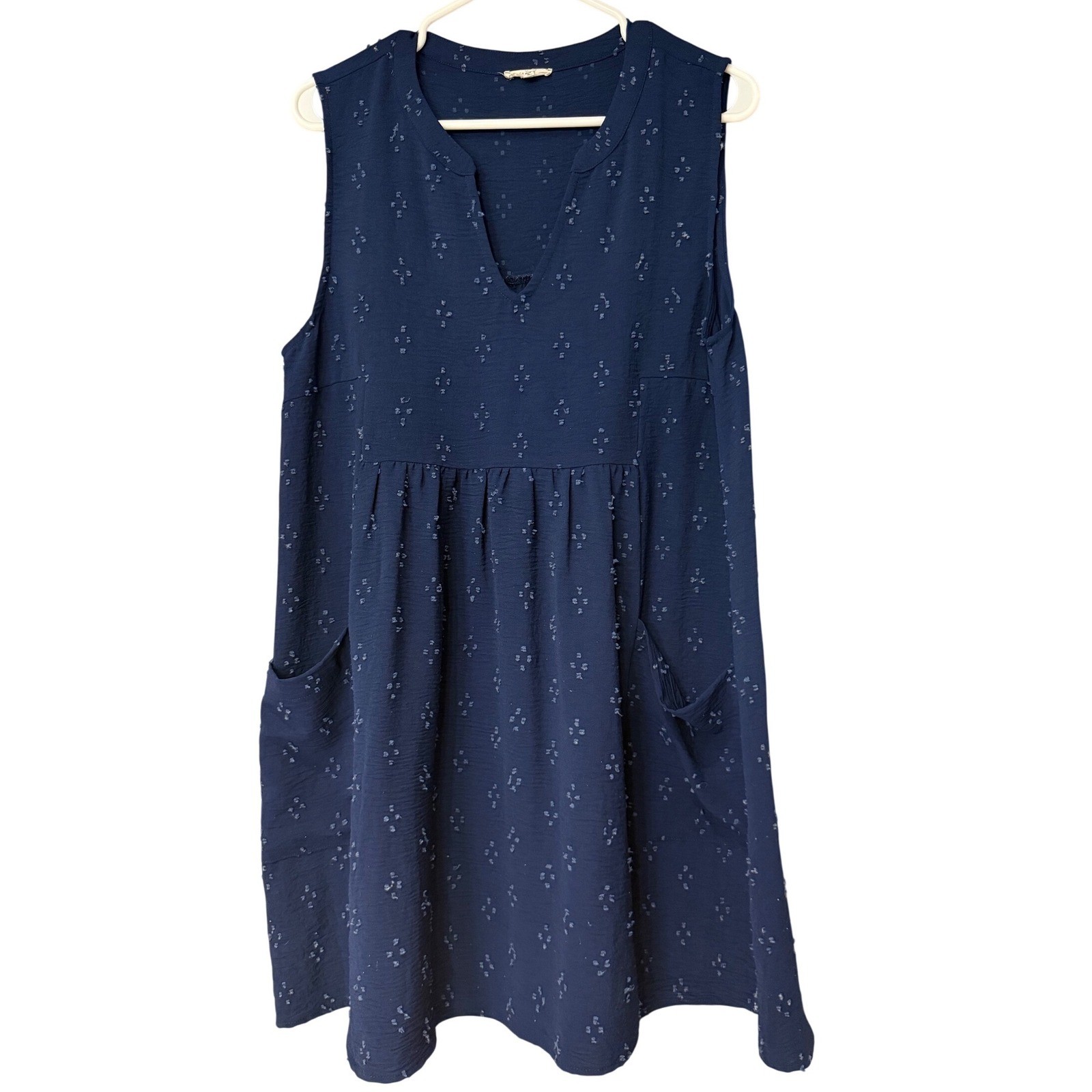 JODIFL Womens Navy Blue Textured Dot Sleeveless V Neck Casual Dress Size L
