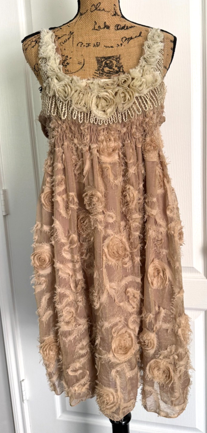 Pretty Angel Shift Dress Floral Boho Babydoll Smocked Lined Tattered Silk L