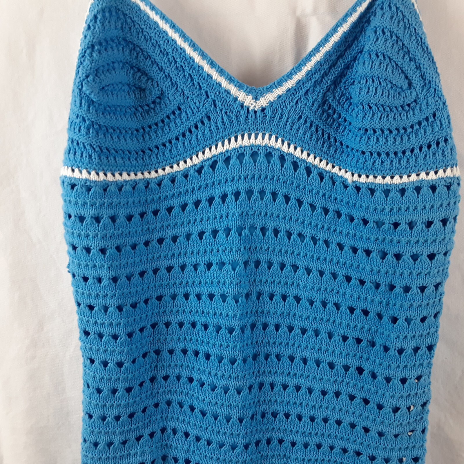 Willow & Wind Womens Small Blue Crochet Summer Dress Sleeveless White Trim