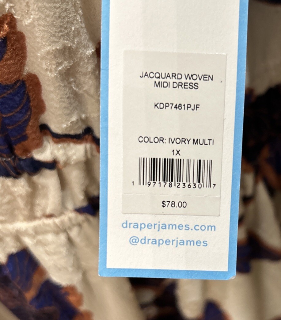 DRAPER JAMES RSVP Womens Jacquard Woven Midi Dress Floral Ivory Navy Size 1X NEW