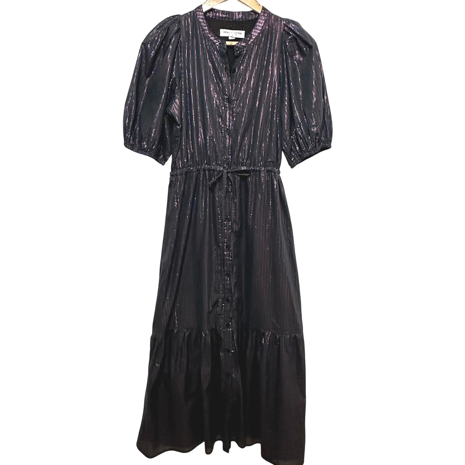 Emerson Fry Lucy Maxi Dress Womens Small Rainbow Black Lurex Cotton Puff Sleeve