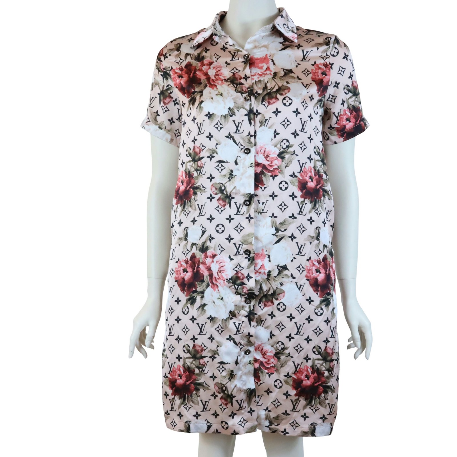 Louis Vuitton Pink Floral Monogram Shift Shirt Dress Button Up Women’s 42 US 10