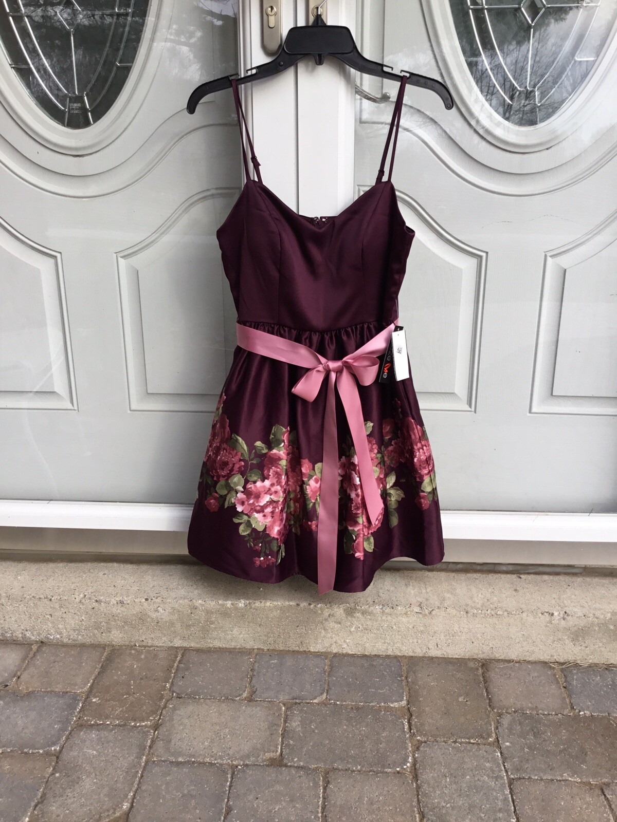 Teeze Me Wine Colored Cocktail Dress With Pink Floral Design & Kremlin Skirt 7