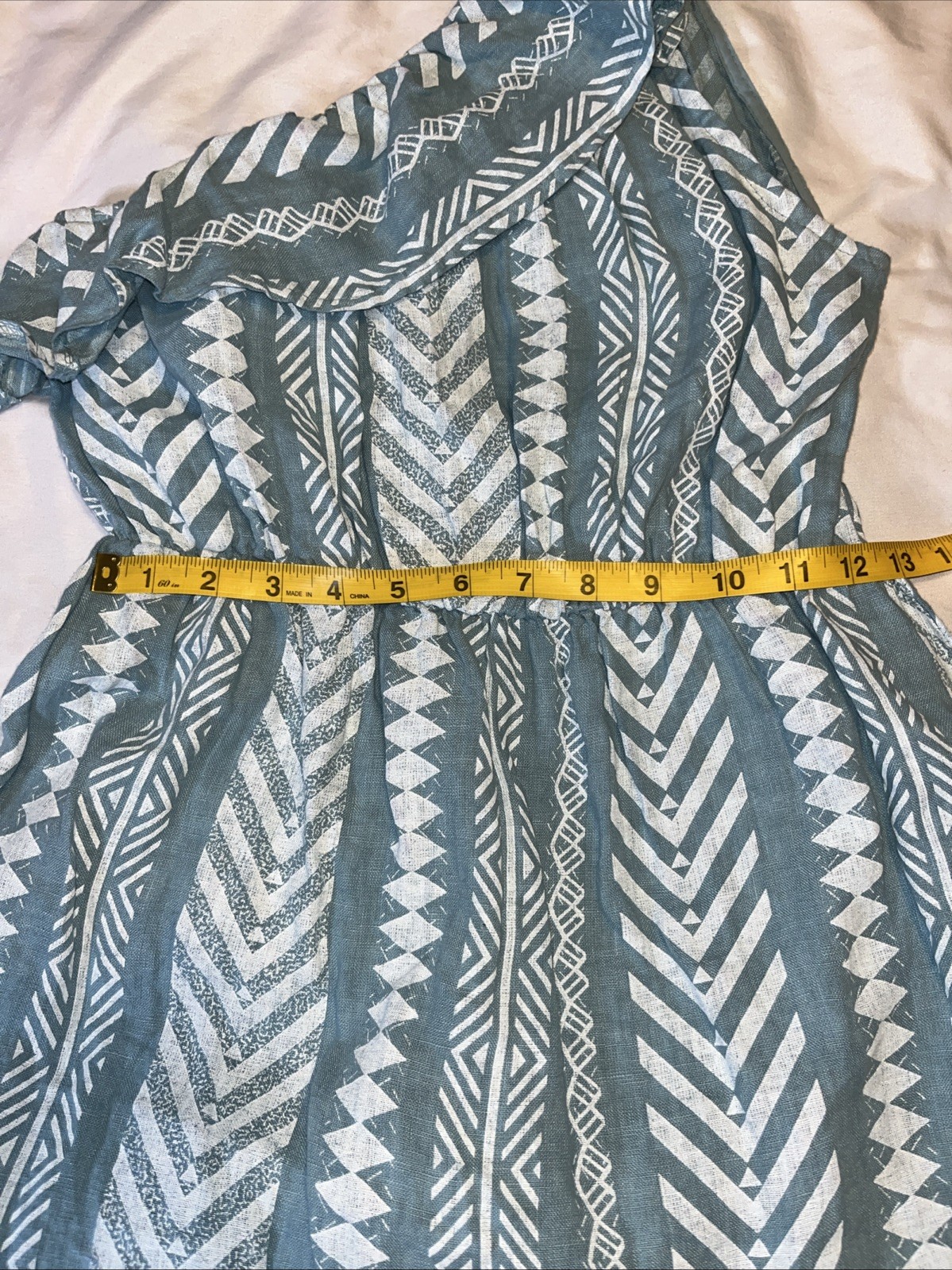 Valentina Naldi Large Italy Ruffle Trim One Shoulder Linen Dress Blue Boho