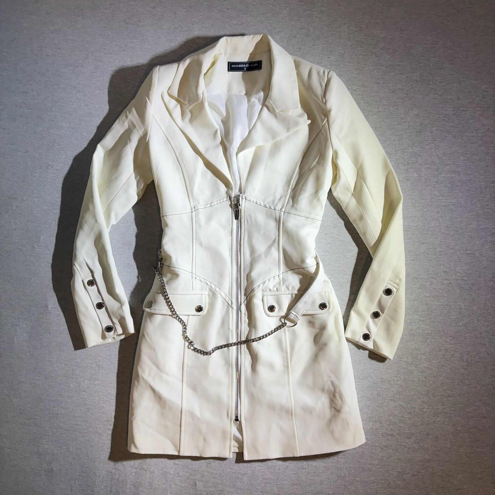 Maniere De Voir Women’s White Zip-Front Blazer Dress with Chain Detail