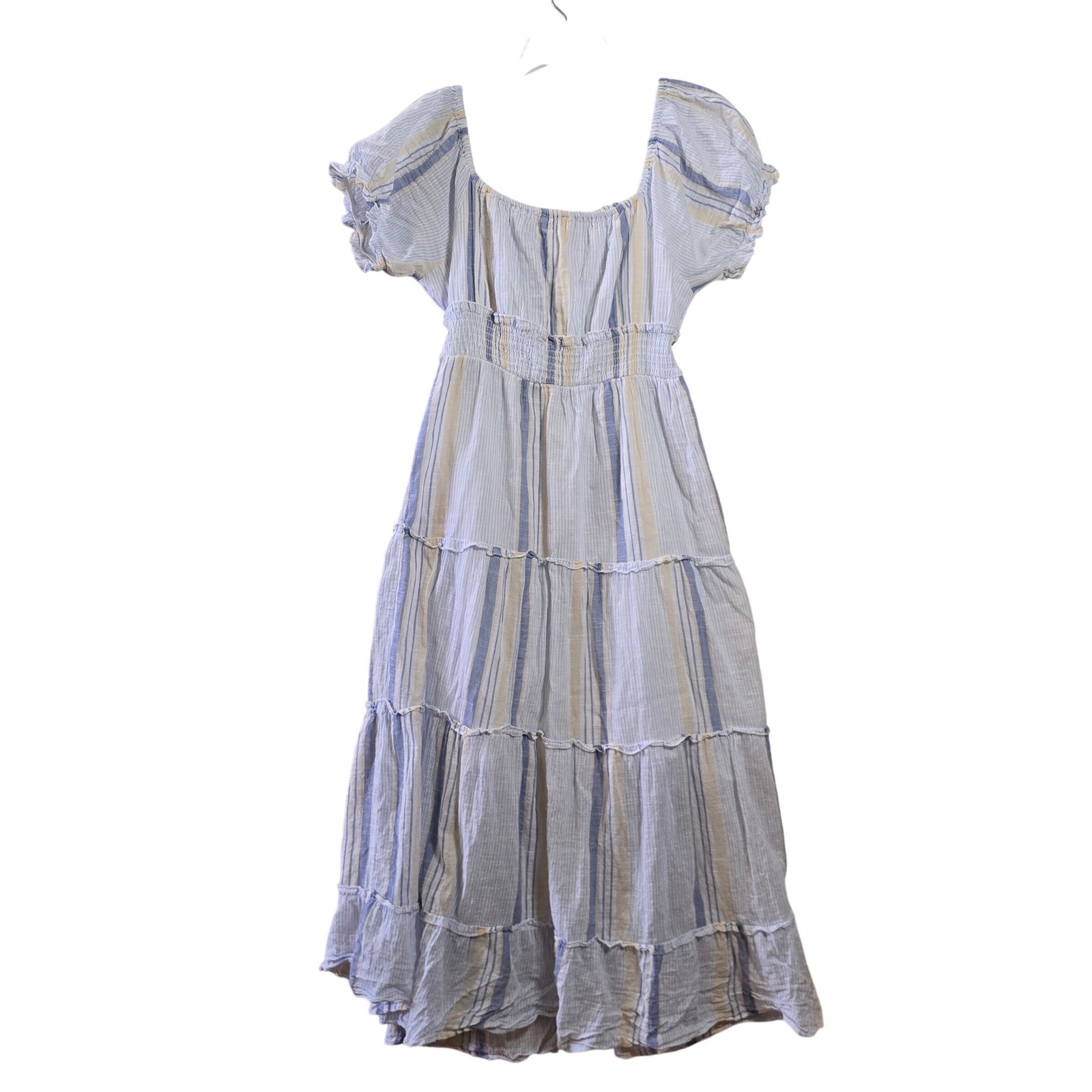 Cotton Coastal Boho Tiered Maxi Dress Blue White Stripe Medium Falling Flower
