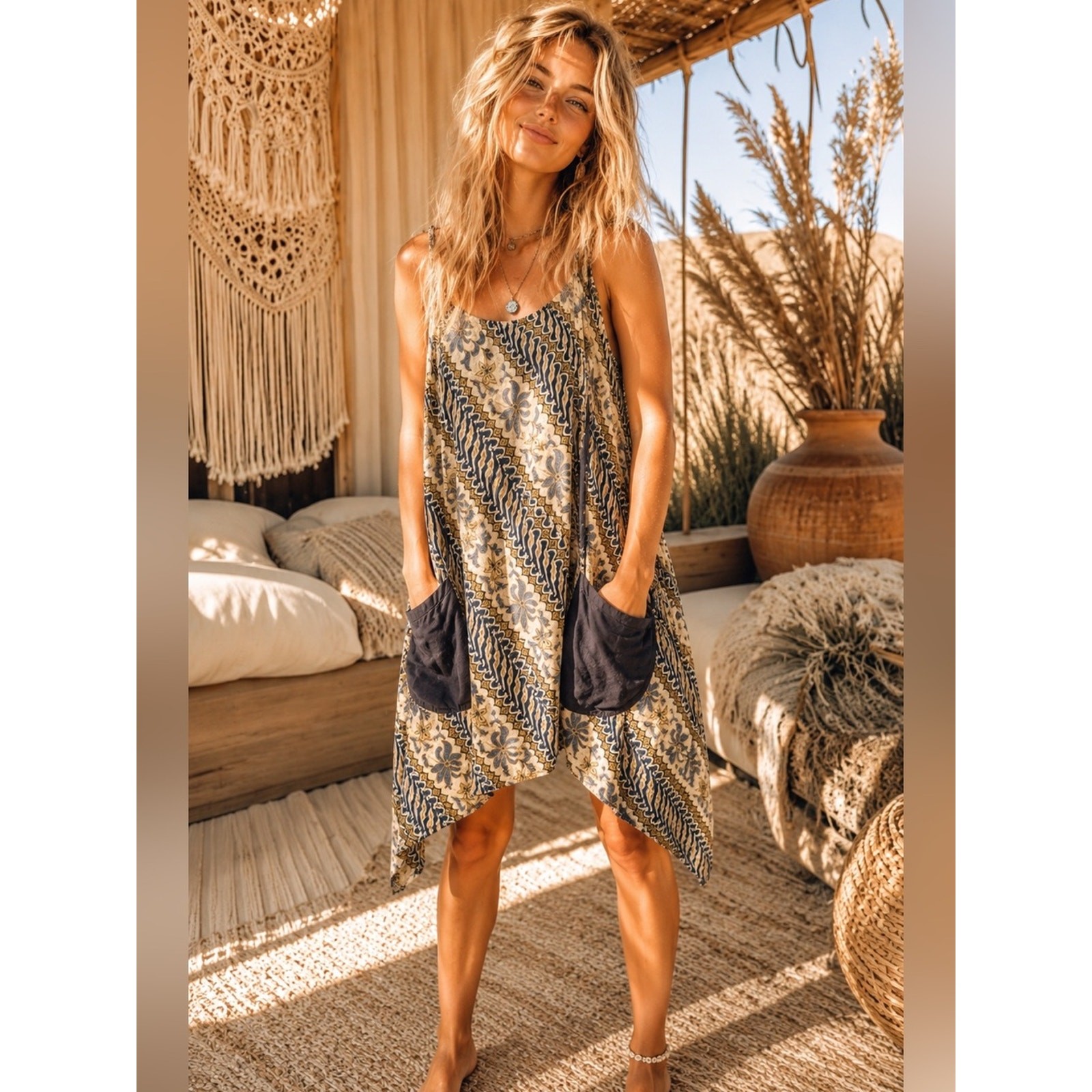 Jaded Gypsy OS Boho Floral Swing Dress with Contrast Pockets – Olive/Black