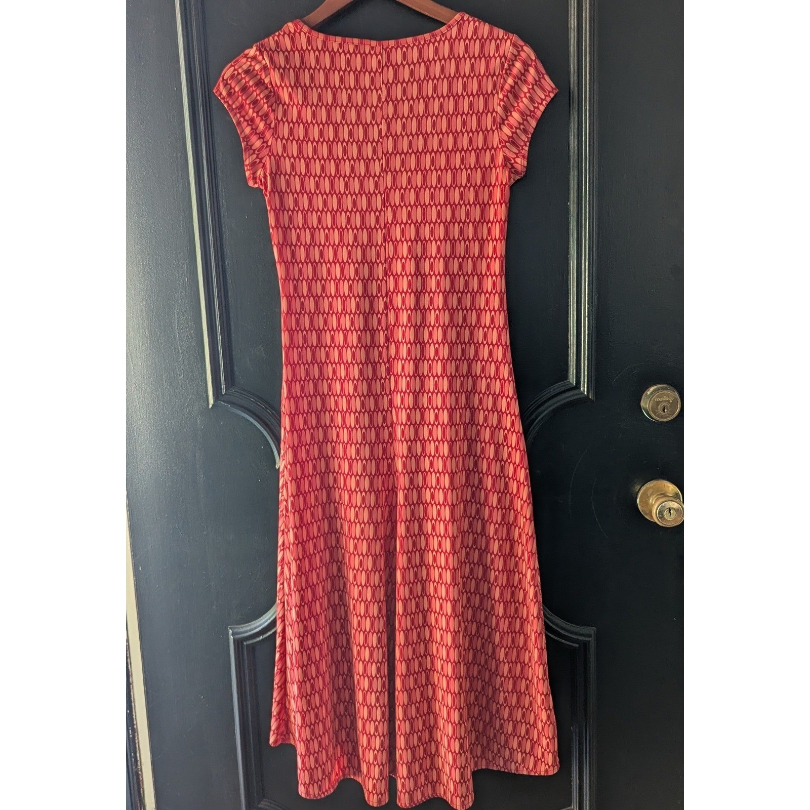 Vtg Y2K Old Navy Red Drop Waist Geometric Print V-Neck Midi Dress Womens Sz S