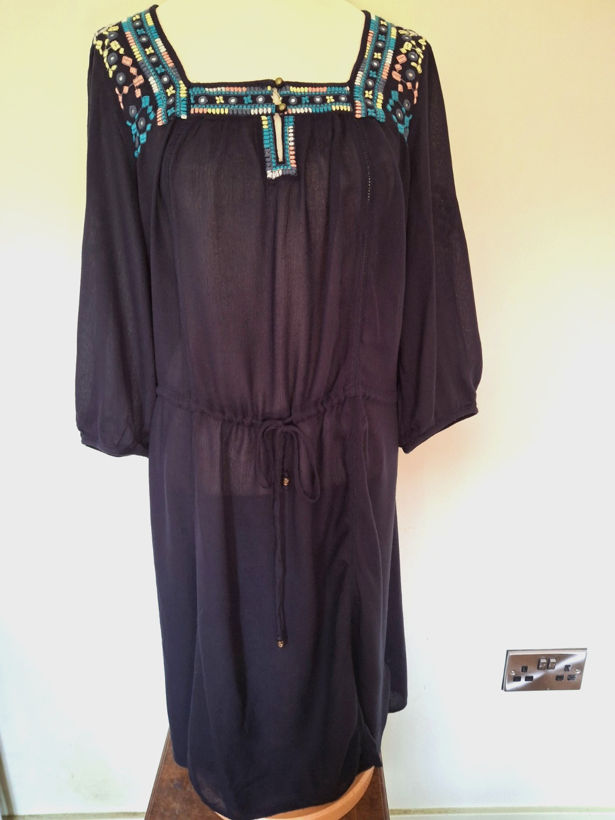 Monsoon Navy Embroidered Summer Dress UK 16 Sequin Detail Boho Tunic Beach Holid
