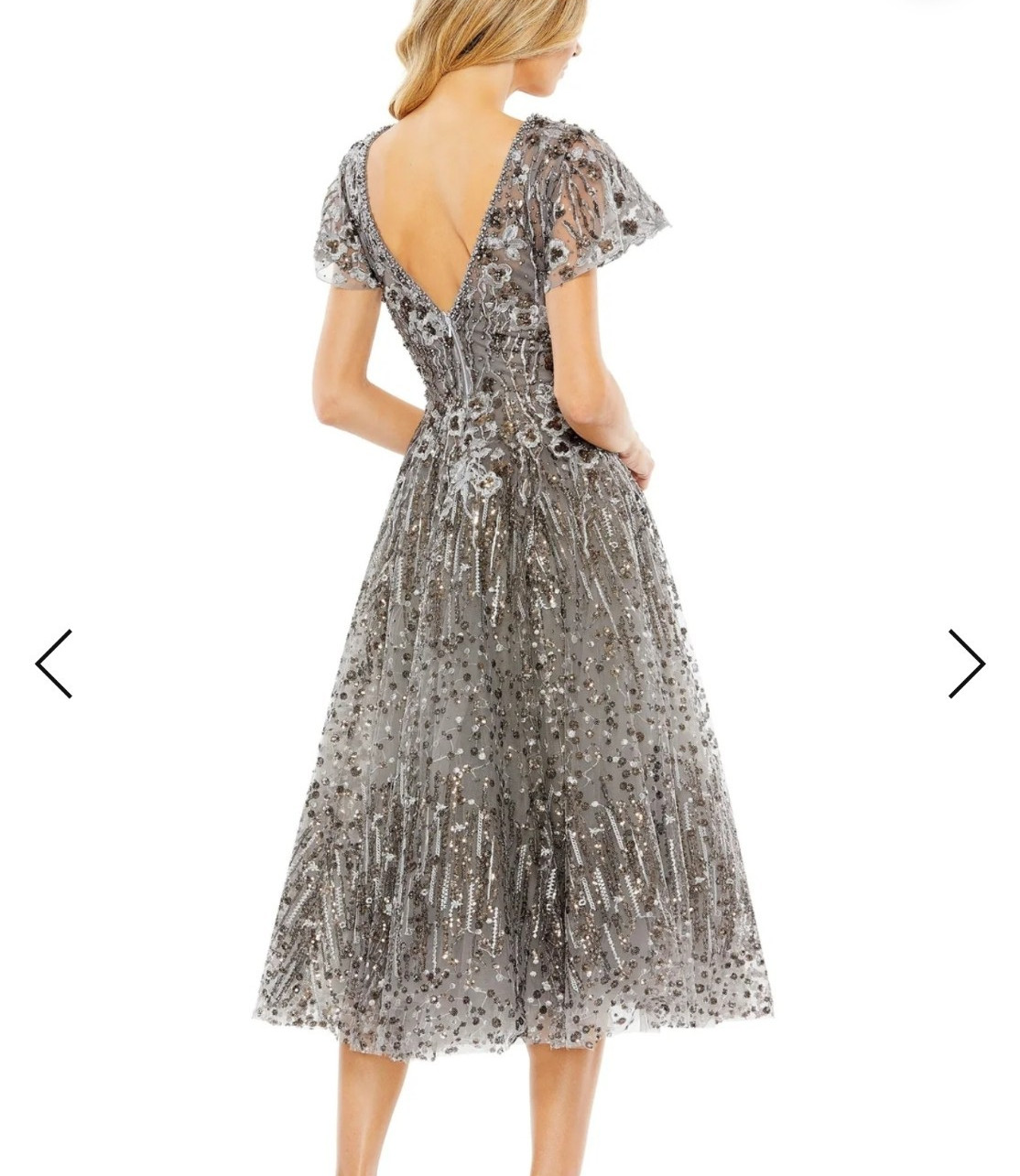 Women’s Gray/Silver Sequin Beaded Mesh V-Neck Flutter Sleeve Midi Dress 10