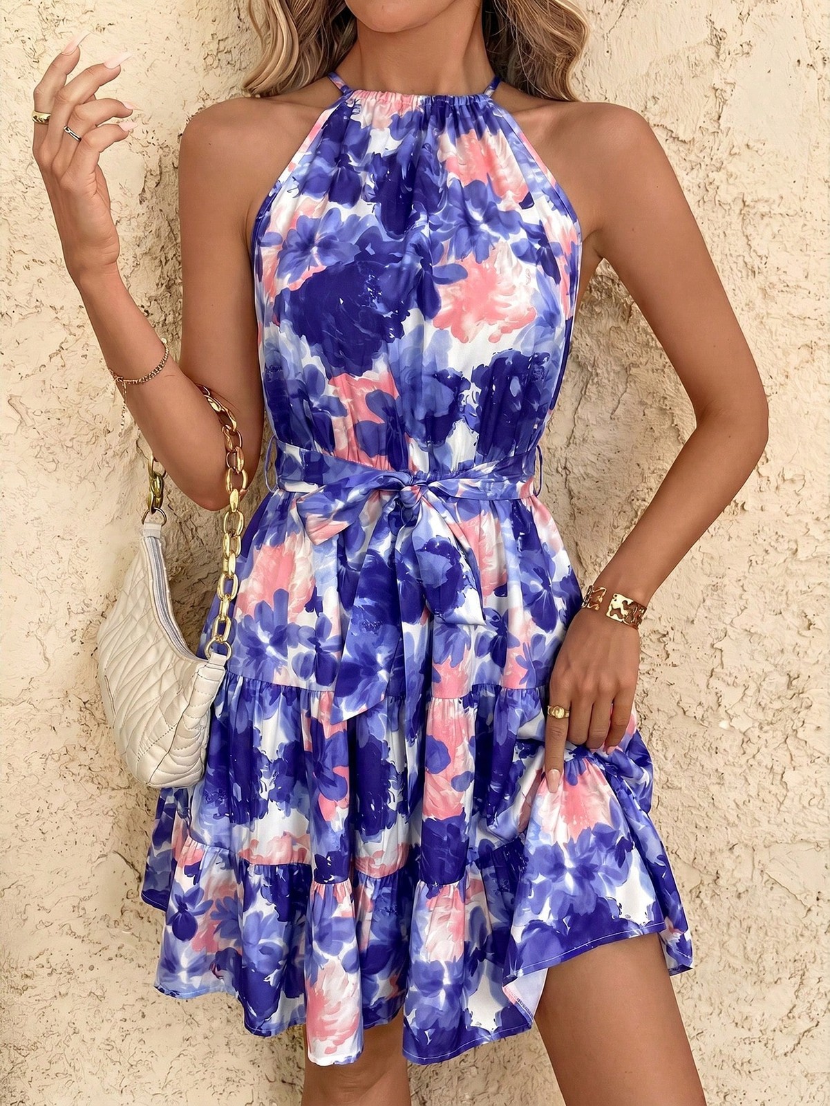 Bohemian Ruffle Hem Halter Neck Mini Dress