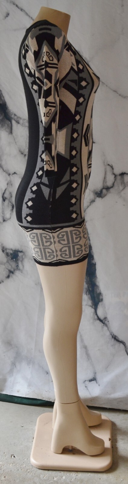 T/O SWEATERS Black Tan Gray Patterned Sweater Dress Small 3/4 Sleeves Acrylic