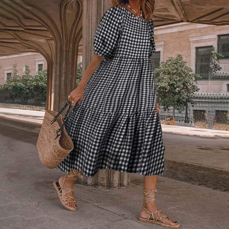 Womens Boho Plaid A-Line Midi Dress Ladies Loose Holiday Beach Ruffled Sundress