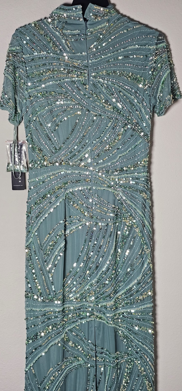 NWT Aidan Mattox Beaded Mesh Short Sleeve Column Gown Sage Green Women’s 12