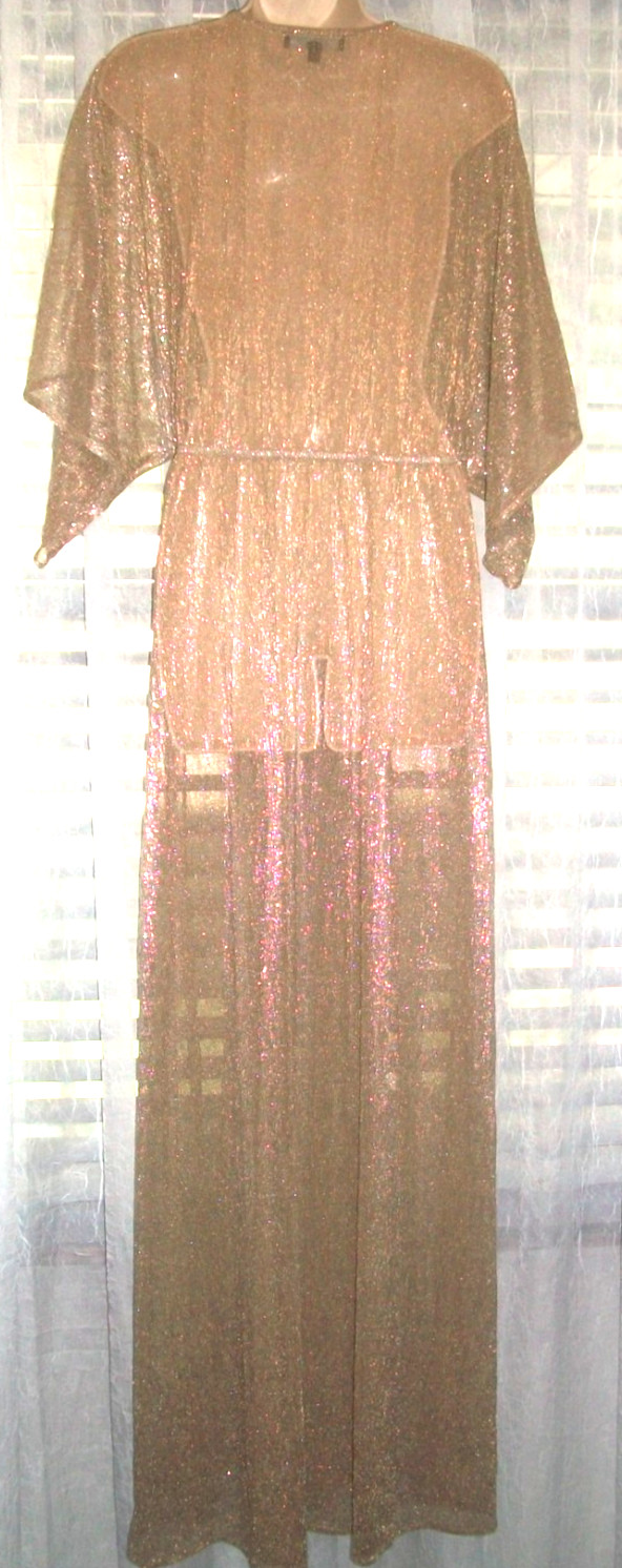 LULUS SZ L LONG SHIMMERY GOLD SEMI SHEER MAXI GLAMOUR EVENT CLUB DRESS~HIGH SLIT