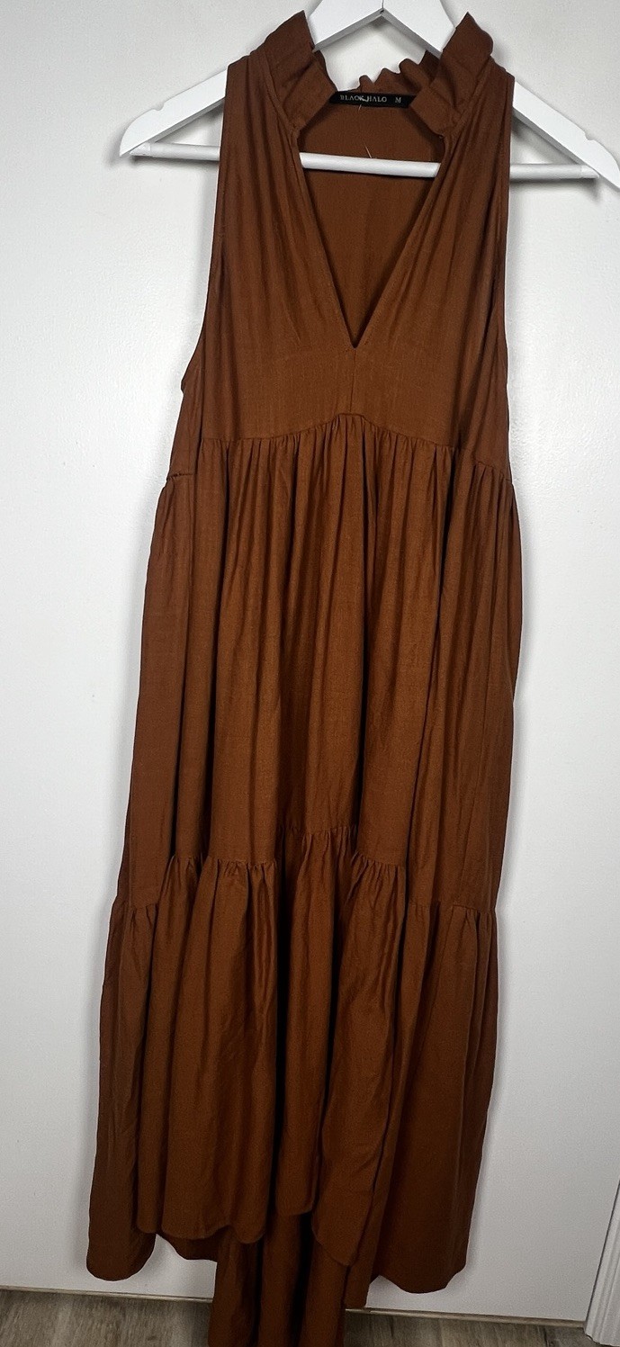 Black Halo Size M Amia Sleeveless Tiered Linen Carmel High Low Maxi Dress NWOT