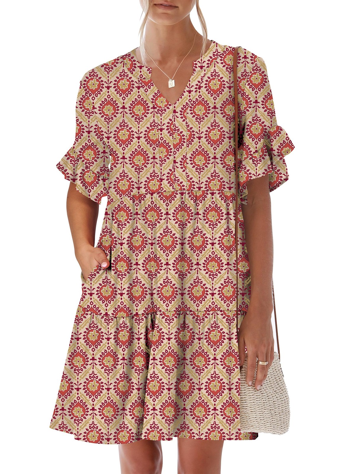 AWomen’s Summer Casual Dress, V-Neck Ruffle Sleeve Tiered Mini Dress, Soft Comfy
