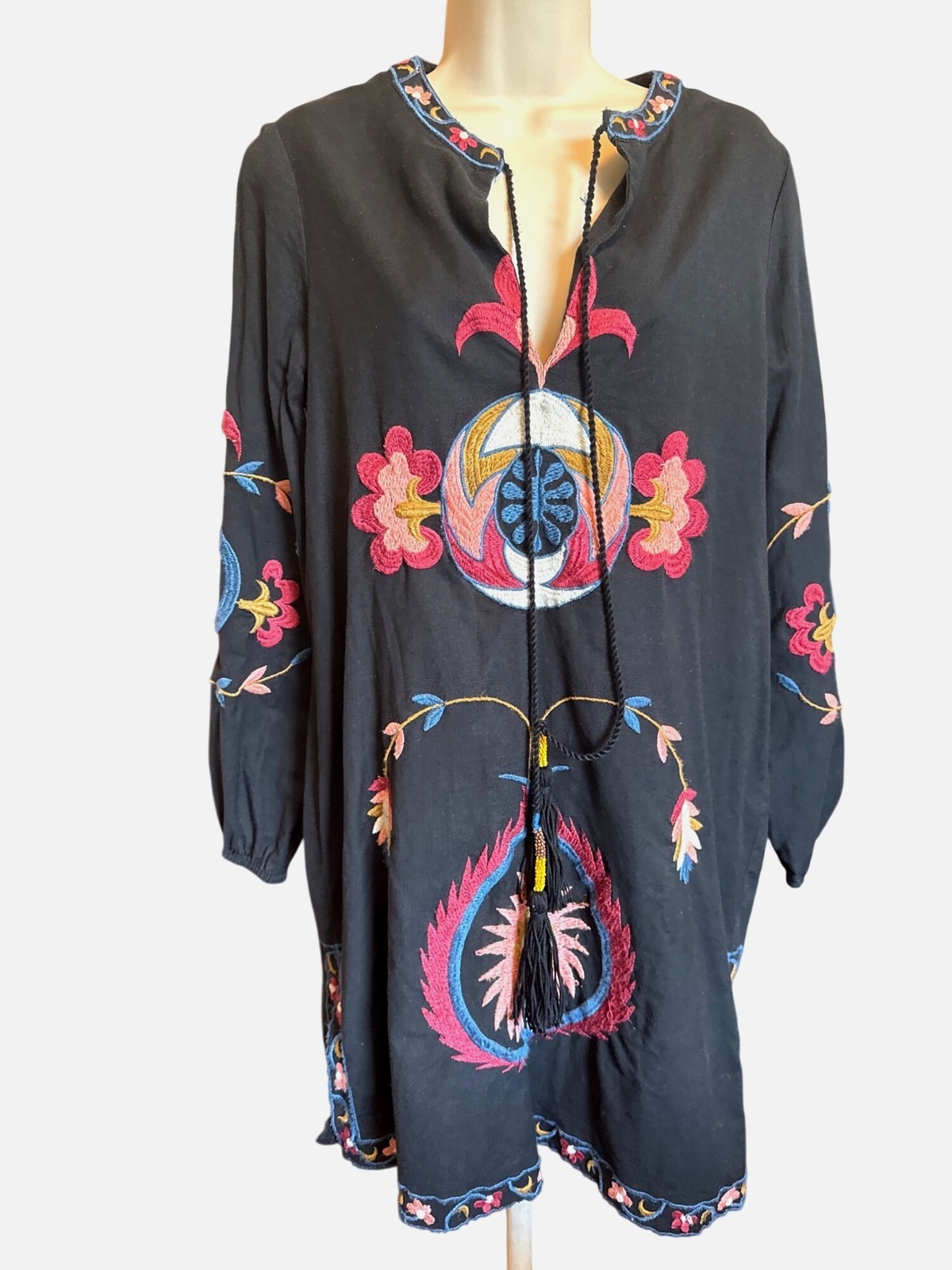 Zara Embroidered Black Linen Cotton Tunic Dress Tassel Boho Size S Hippie Chic