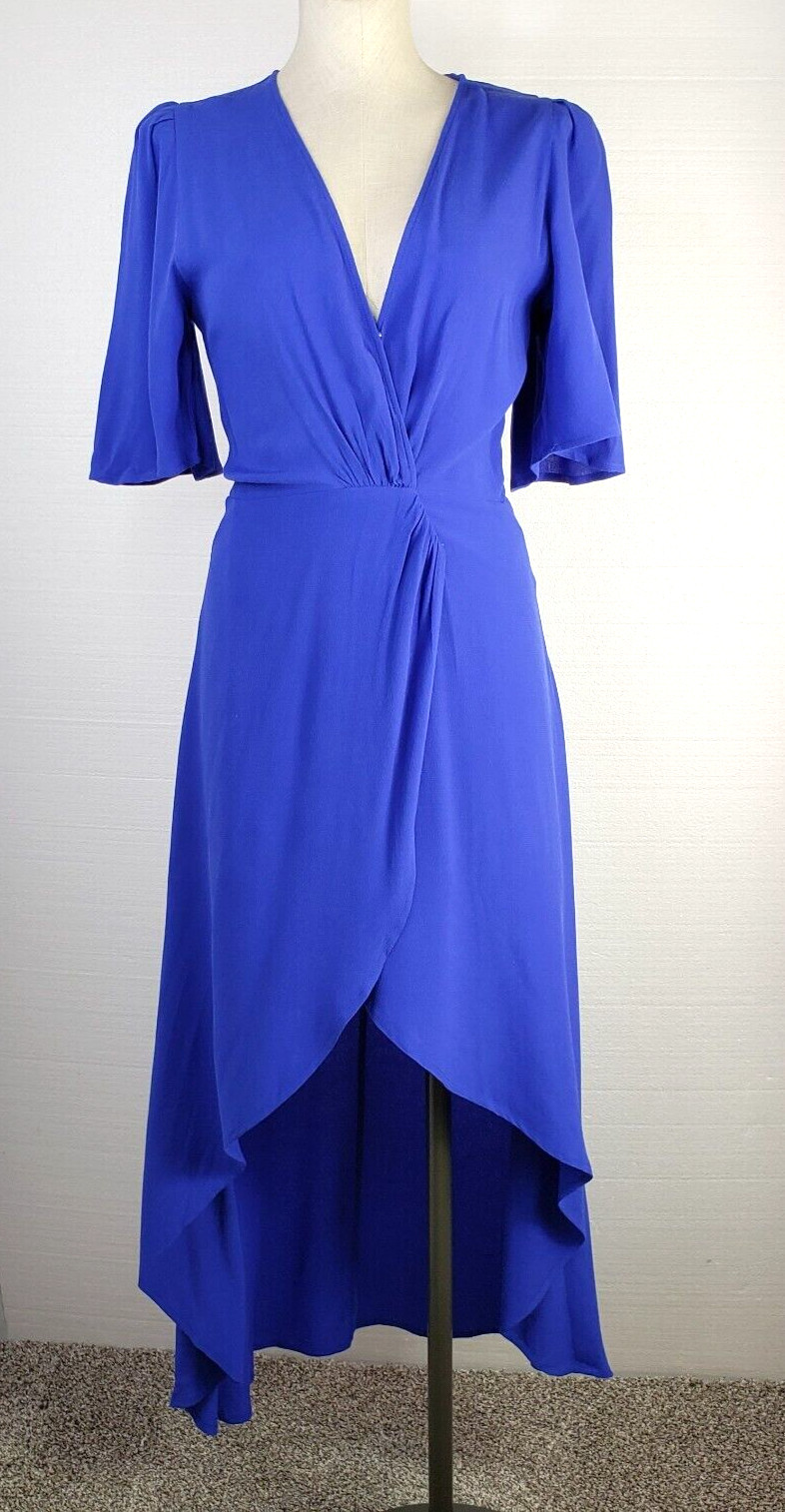 Mod Ref Womens Wrap Dress Size Small Bell Sleeves Blue Flowy Lined Tulip Hem