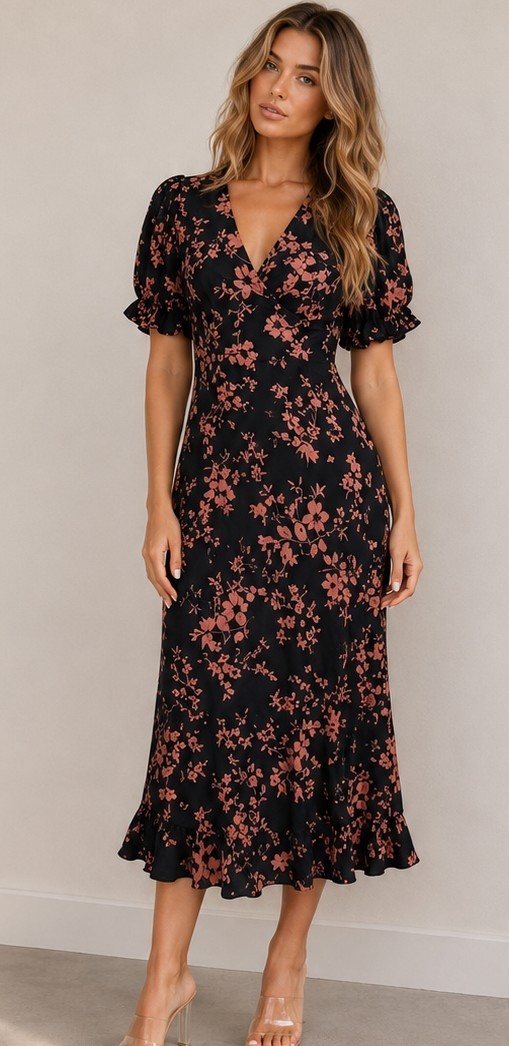Women’s Black Floral Ruffle DressWomen’s Black Floral Ruffle Dress