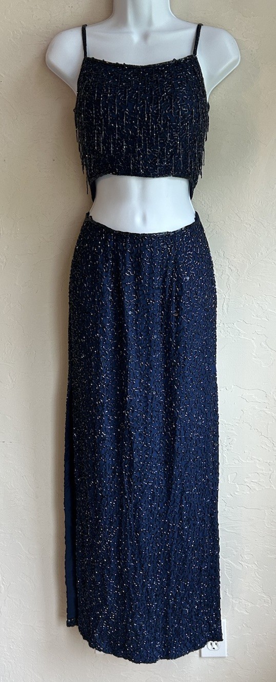 Vintage 90s Y2K Sean X-press Beaded Silk Gown XS Navy Blue Formal Fringe Prom