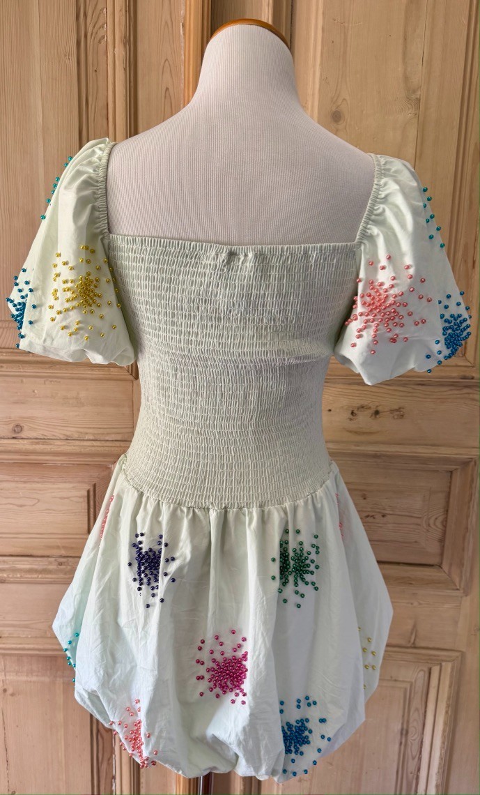 QOS Queen of Sparkles Mint Smocked Rainbow Beaded Burst Bubble Dress Medium M