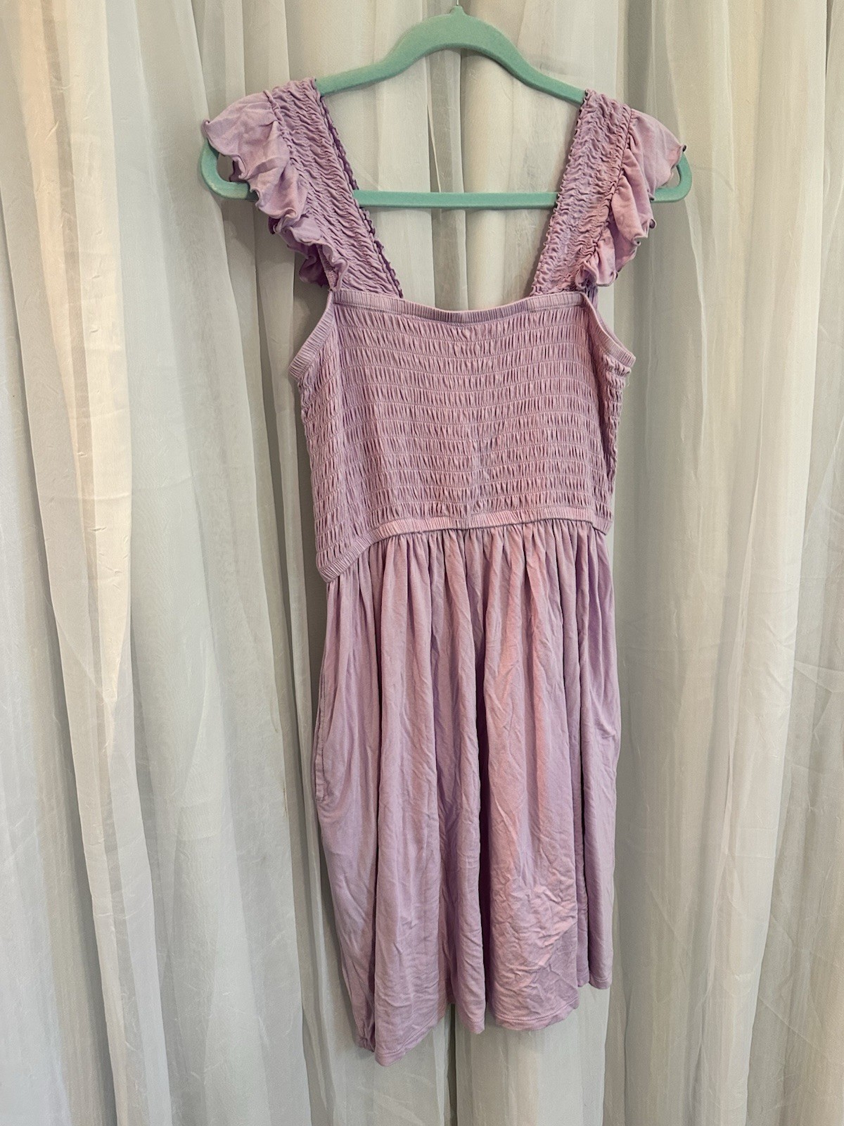 Nordstrom Lavender Smocked Ruffled Cap Sleeve Dress With Pockets