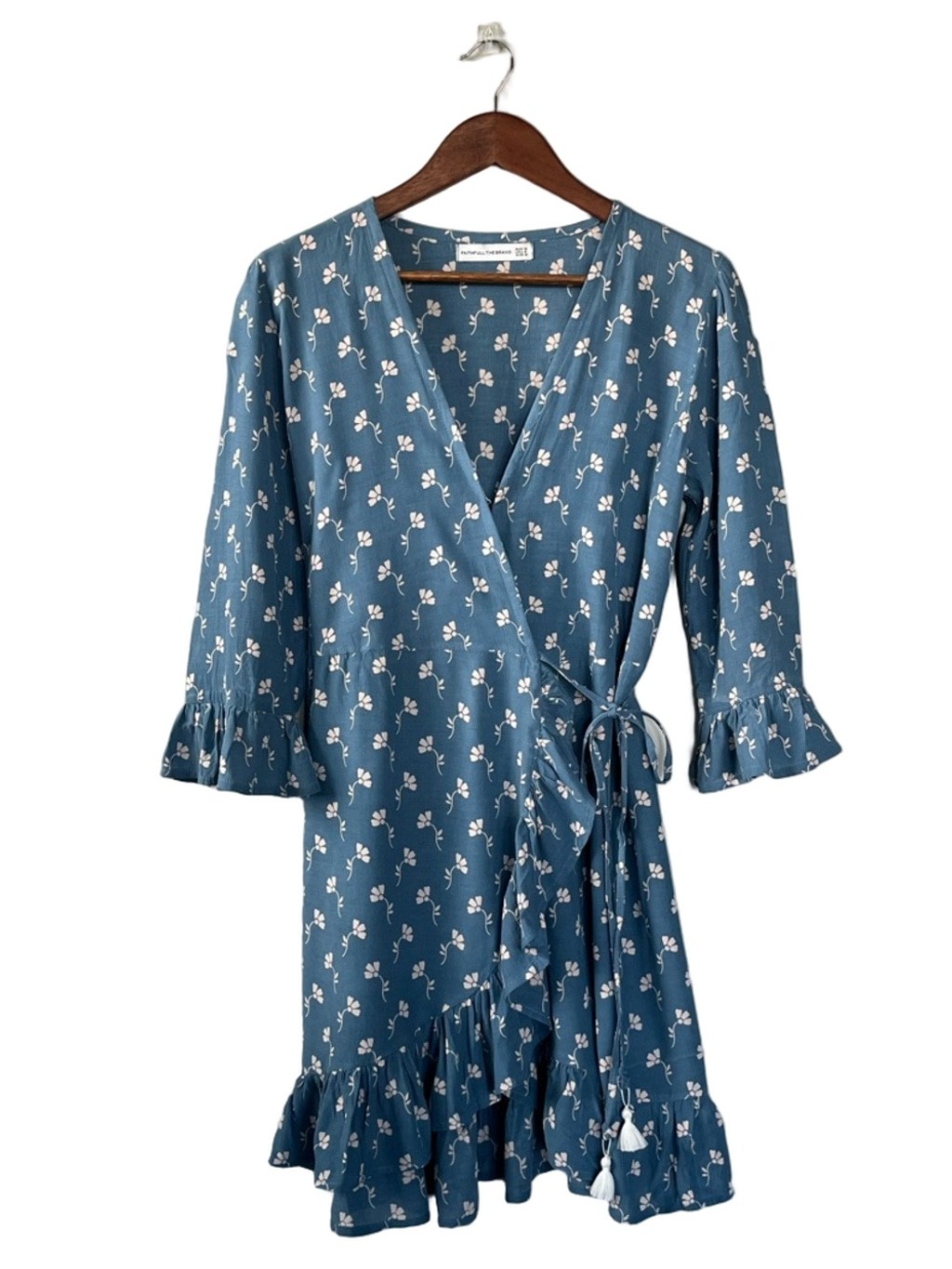Faithfull the Brand Blue Floral Wrap Mini Dress Ruffle Boho Women’s Size 6