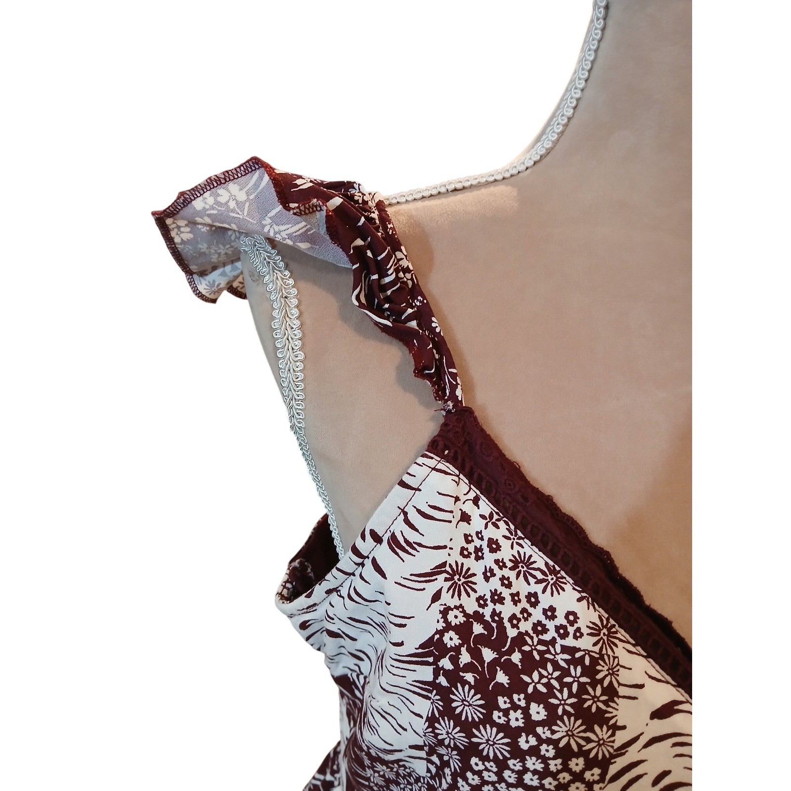 Burgundy Medium Cream Patchwork Handkerchief Hem Midi Dress Ruffle Strap Lace T