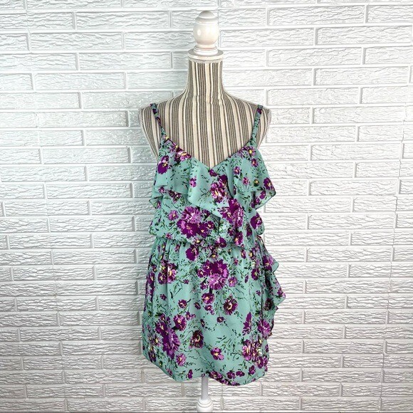 Sugar Lips Sage in Ruffles Multicolored Floral Sleeveless Blouson Dress Medium