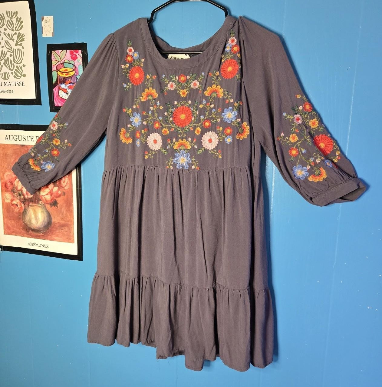 Savanna Jane Grey Floral Embroidered Tiered Babydoll Boho Peasant Dress Size M
