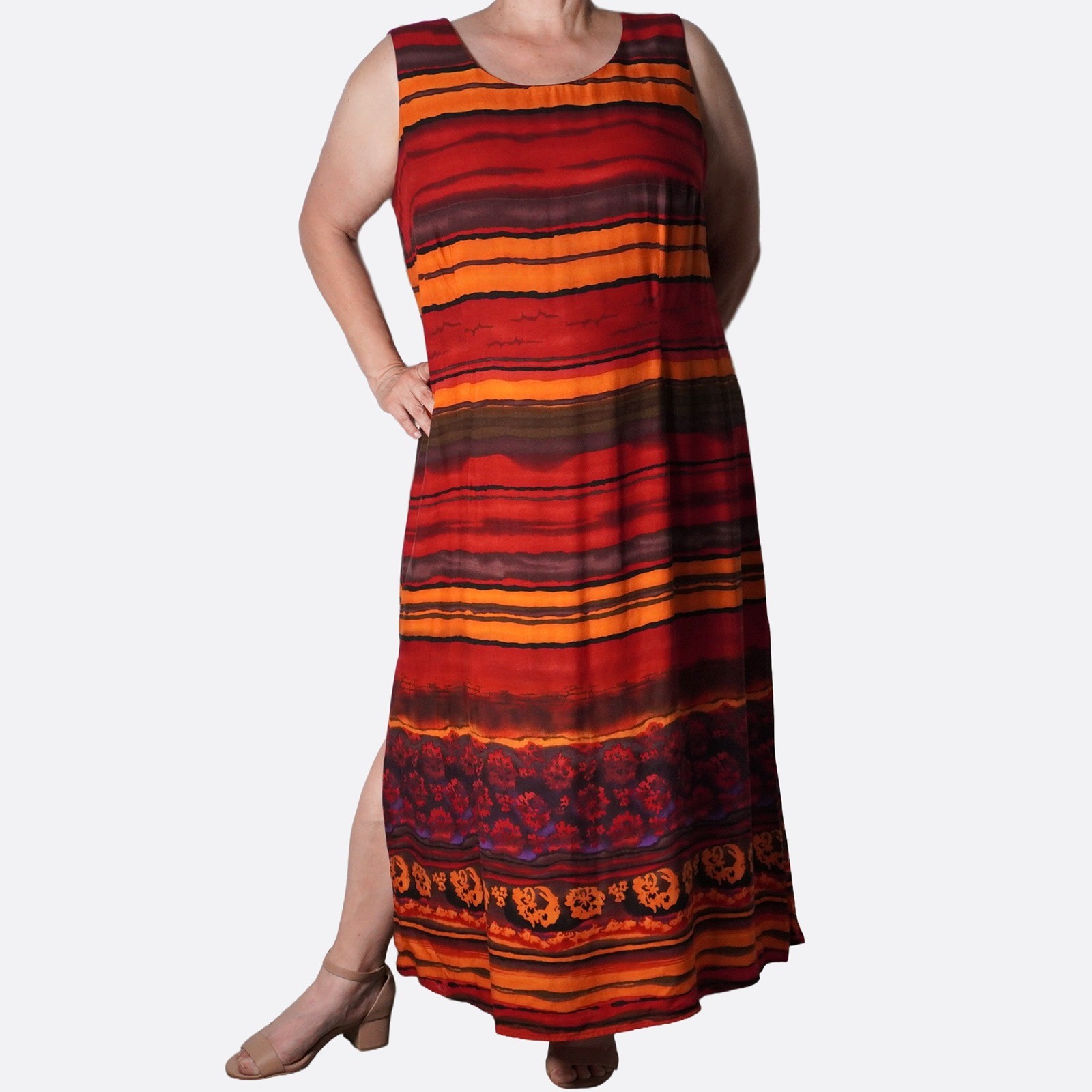 Vintage S.L. Fashions Earthy Floral Striped 2X 18 20 Whimsigoth Maxi Dress