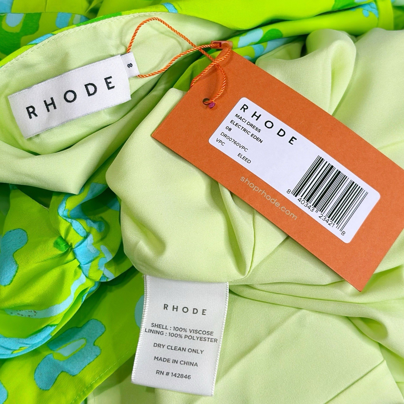 $450 NWT RHODE Maci Geometric Puff Sleeve Midi Dress, Electric Eden, 8 (US)