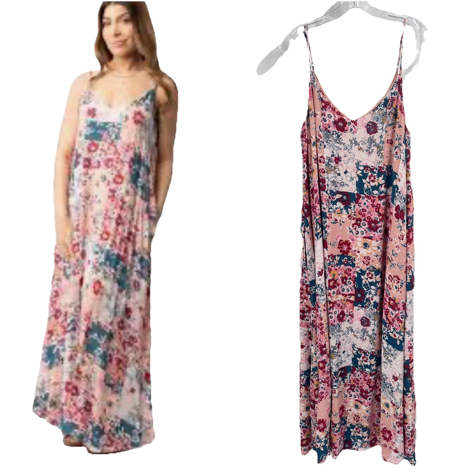 Savannah Jane Patchwork Maxi Slip Dress Floral Boho Pink Sz Large
