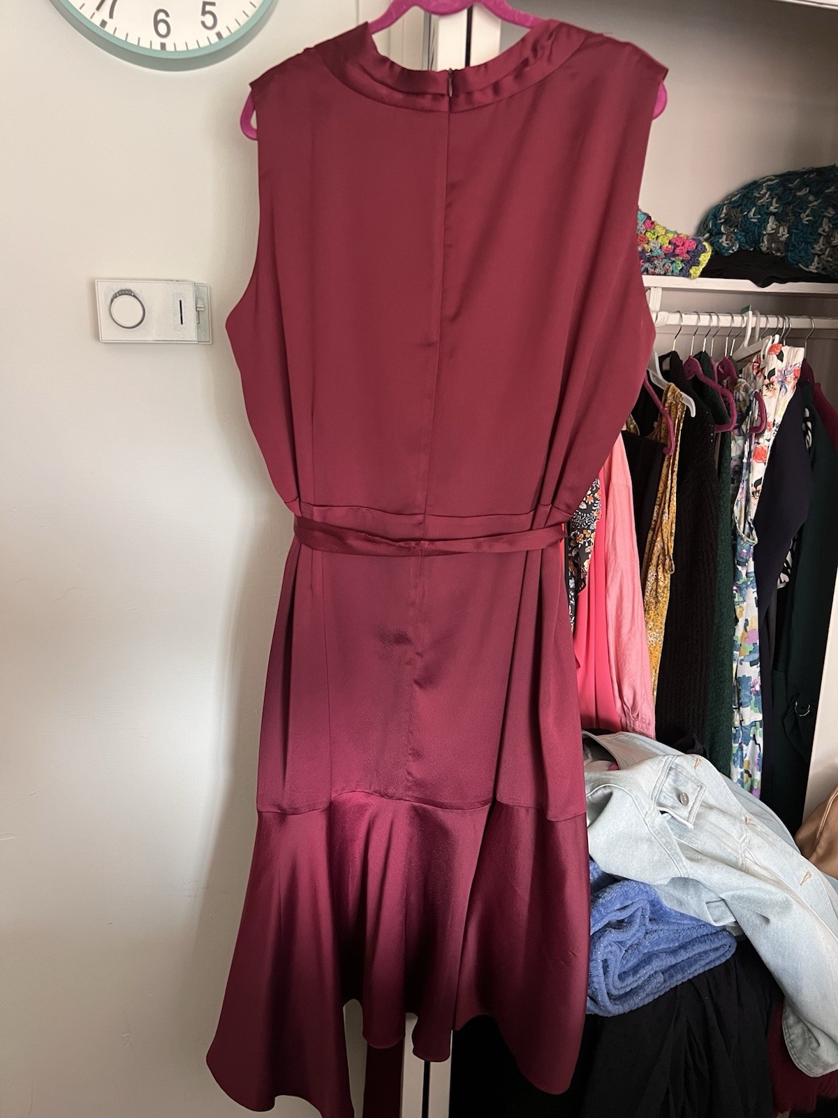 Melonie T Burgundy Solid Satin Wrap Dress V-Neck Sleeveless Belted 22W
