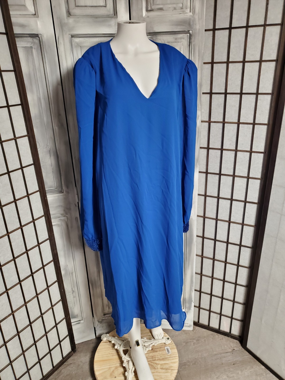 CHEZ CALIFORNIA BY TANDY Vtg Blue Chiffon Dress 80s Sequin Bracelet Wrist 2XL