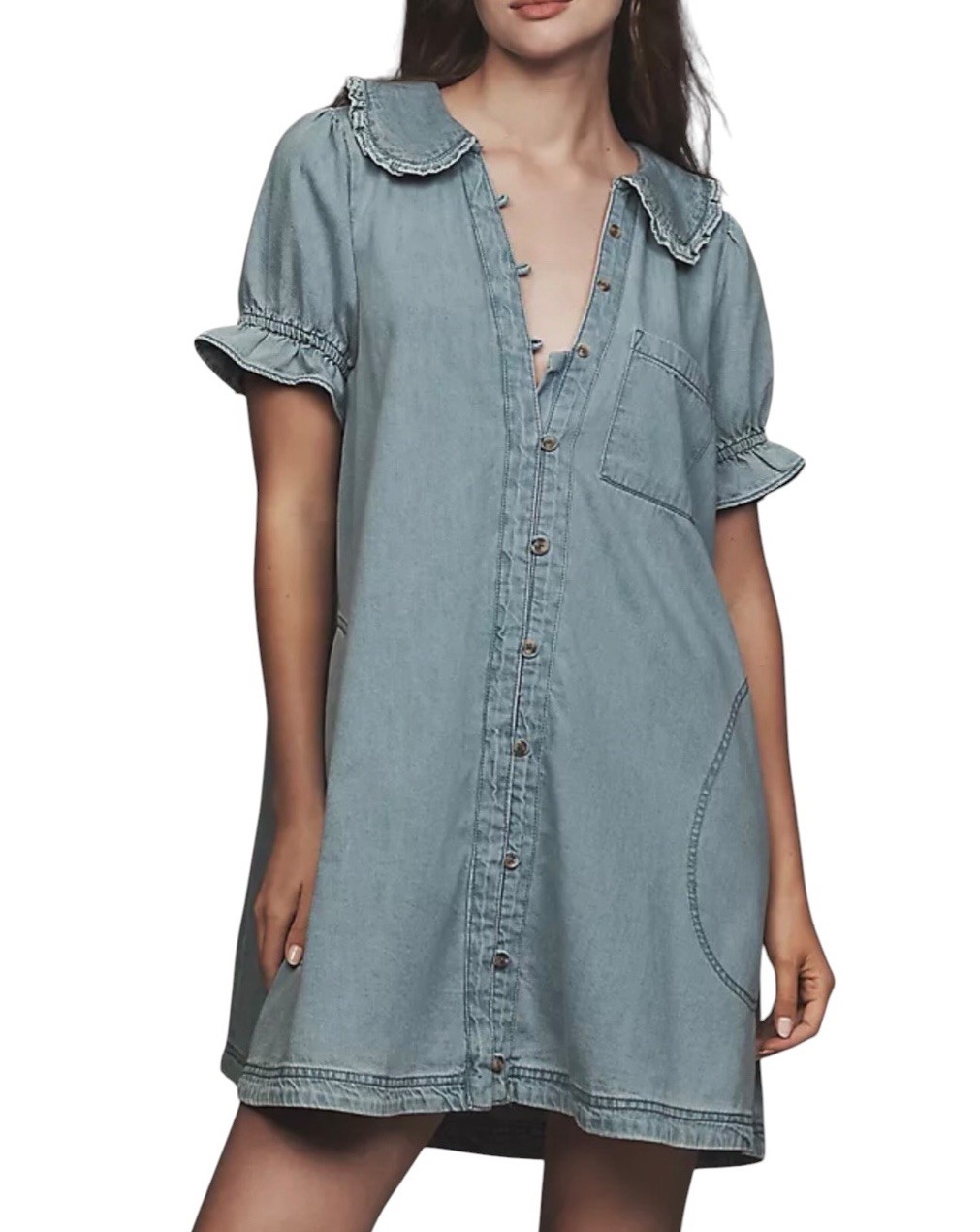 Anthropologie Pilcro Keira Denim Mini Dress Size L Babydoll Tiered ShirtDress