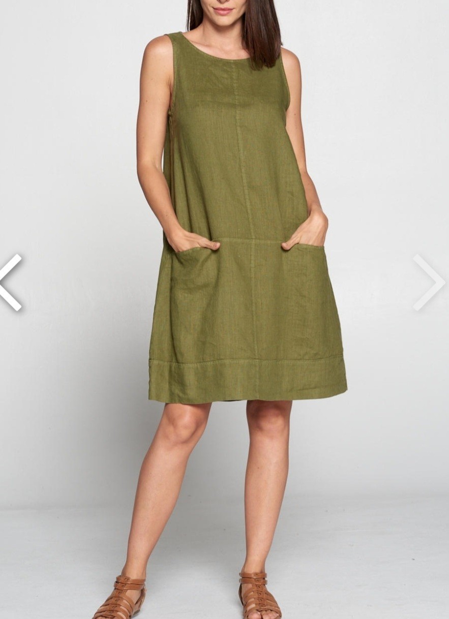 Pure Match Womens 100% Linen Sleeveless Dress Olive Green Made In USA Size Small