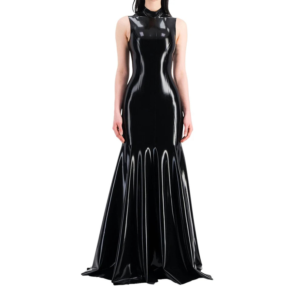 Women’s Sleeveless Half High Neck PVC Maxi Dress Mermaid Floor-Length Dress