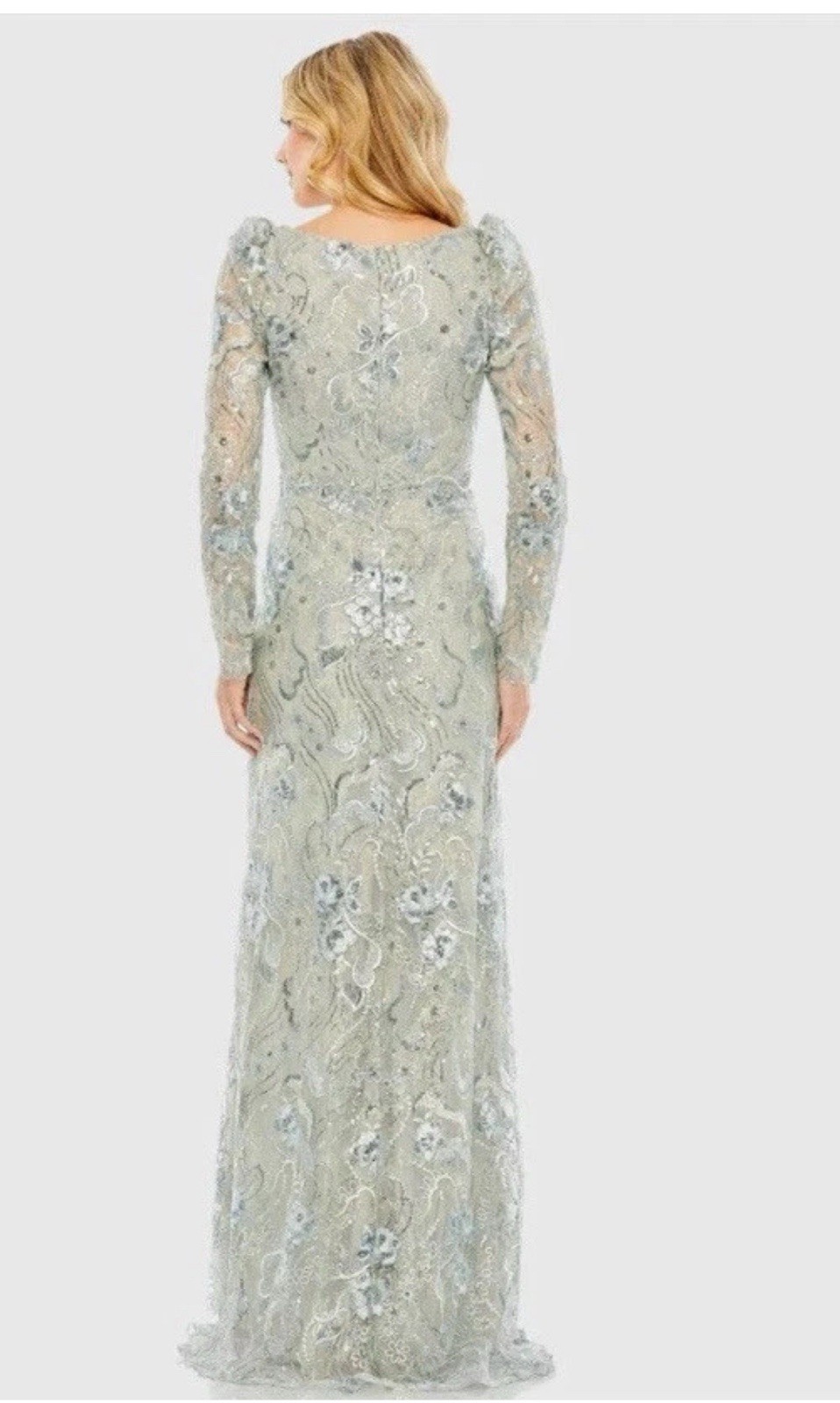 Mac Duggal Floral Embellished V-Neck Illusion Long Sleeve Gown 67539 Seamist 18