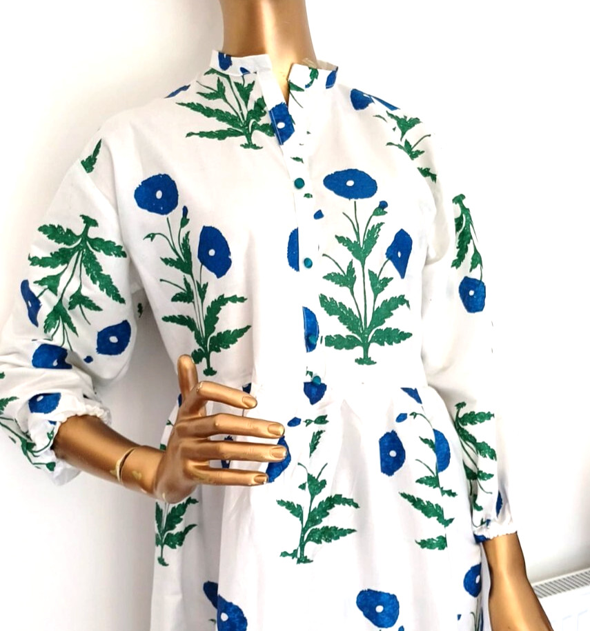 Indian Hand made Block Print Organic Cotton Floral Dress for Women All Seasons