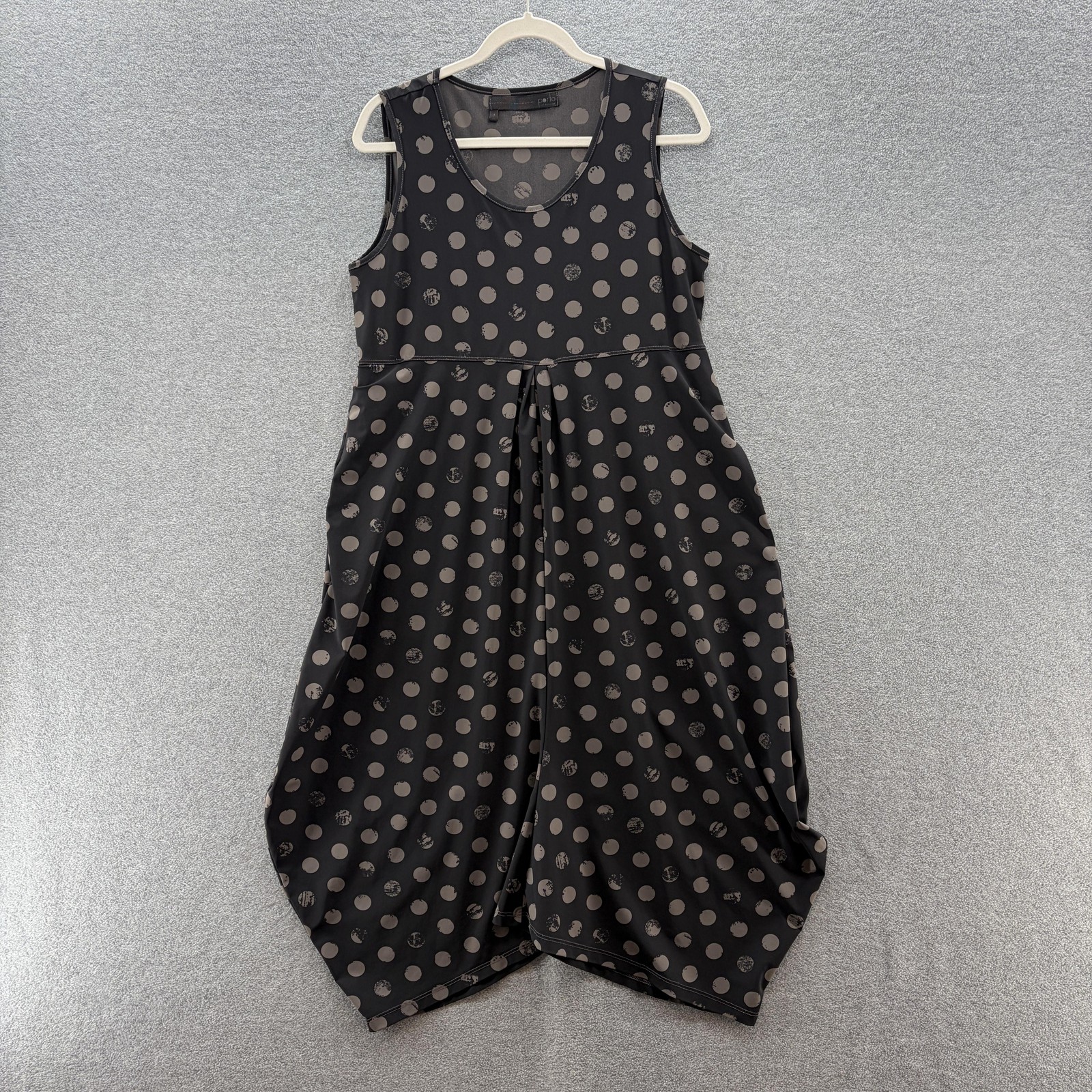 Porto San Francisco Dress Large Black Polka Dot Lagenlook Jersey Relaxed Pockets