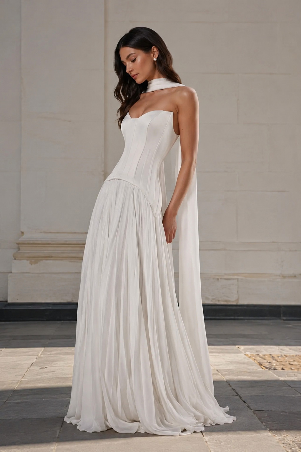Women’s White Strapless Corset Chiffon Wedding Dress Bridal Maxi Gown