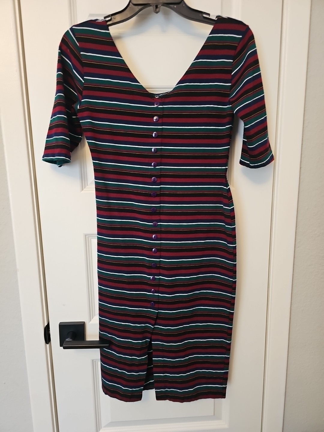VintageWomen’s STRIPE Navy/Red/White/Green KNIT SHIFT DRESS Size M