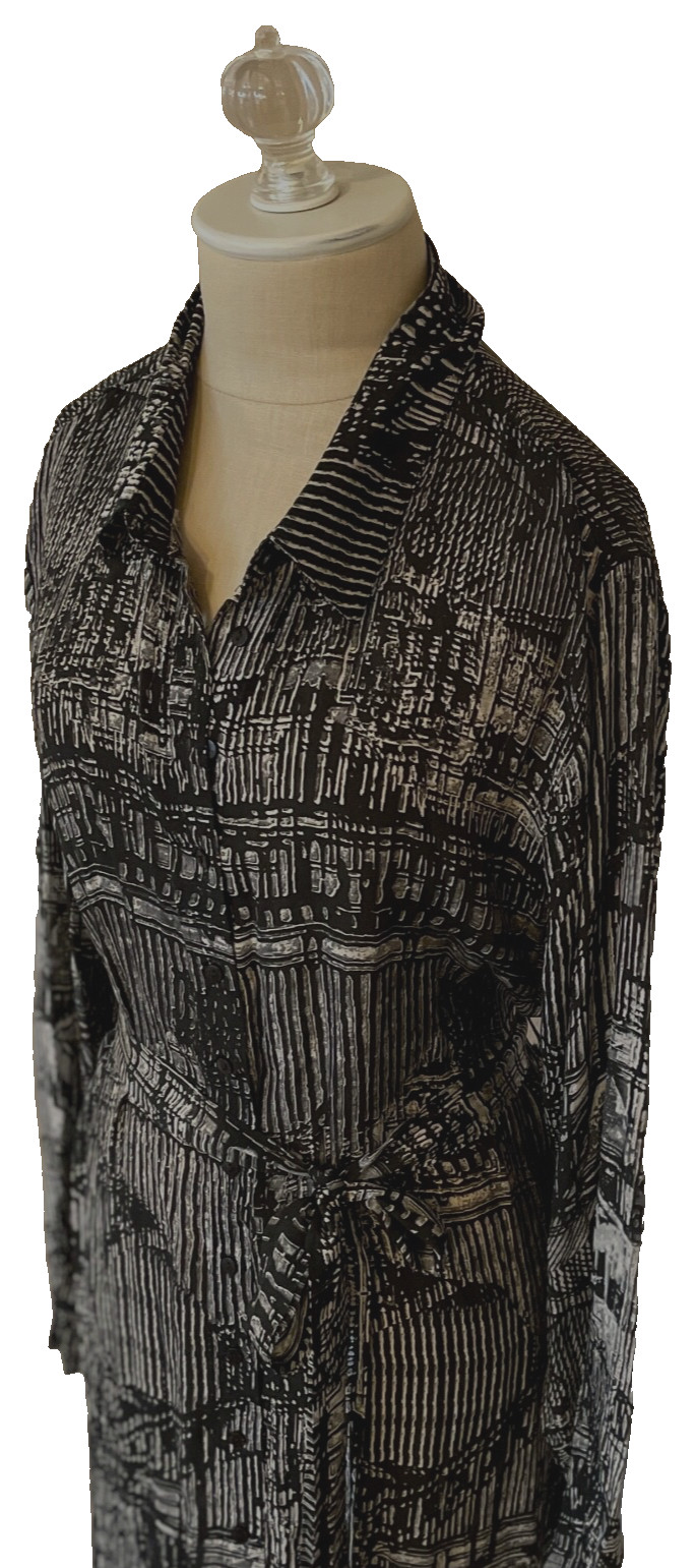 TOLANI Alice Abstract Print Button-Up Collar Pocket Belt Shirt Dress M Coal