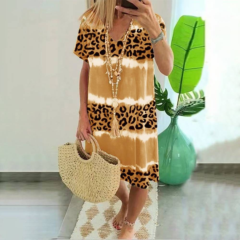Womens Leopard Casual Boho Summer Dress Ladies Tie Dye Print Loose Sun Dresses
