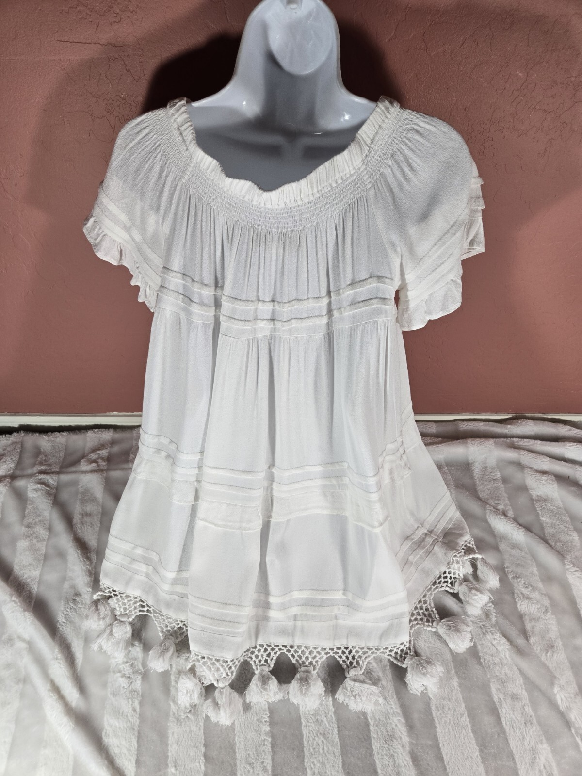 Vintage Havana White Off The Shoulder Tiered Crochet Fringe Hem Dress Size S