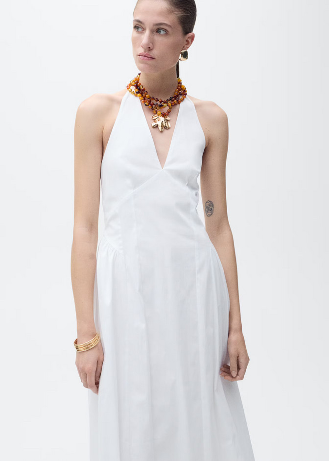 NWT MANGO MNG $140 WHITE STRETCH COTTON HALTER NECK MIDI DRESS SZ S US 4