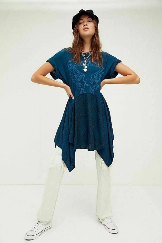 free people THE JERRY LOUNGE teal blue star gazer eagle boho t shirt DRESS top S